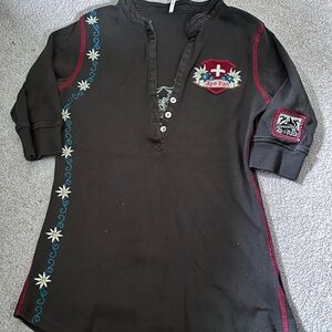 Alp n Rock Black Henley with Floral Design, gently worn